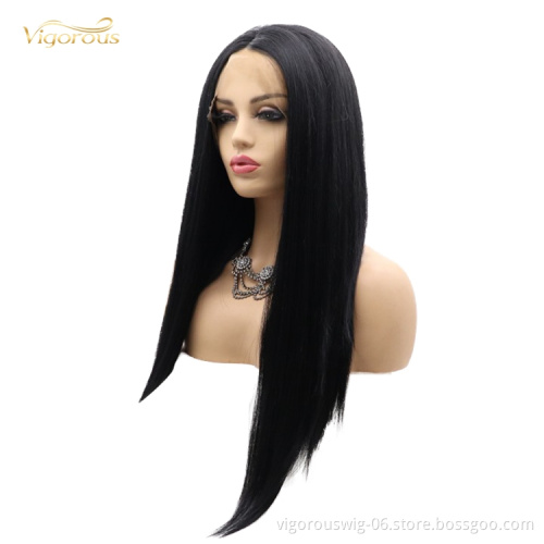 African High Quality Wholesale Pre Plucked Long Black Cheap Fiber Hair Heat Resistant Synthetic Wigs Lace Front Wigs